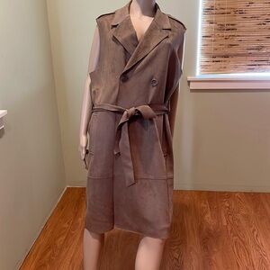 Zara Long Brown Faux Suede Belted Vest Double Breasted Size L